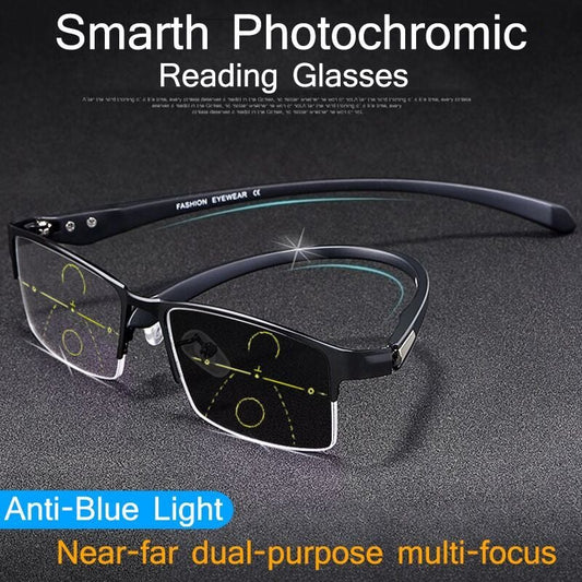 TITANIUM MULTI-FOCUS READING GLASSES PHOTOCHROMIC PROGRESSIVE DOUBLE LIGHT ANTI-BLUE LIGHT